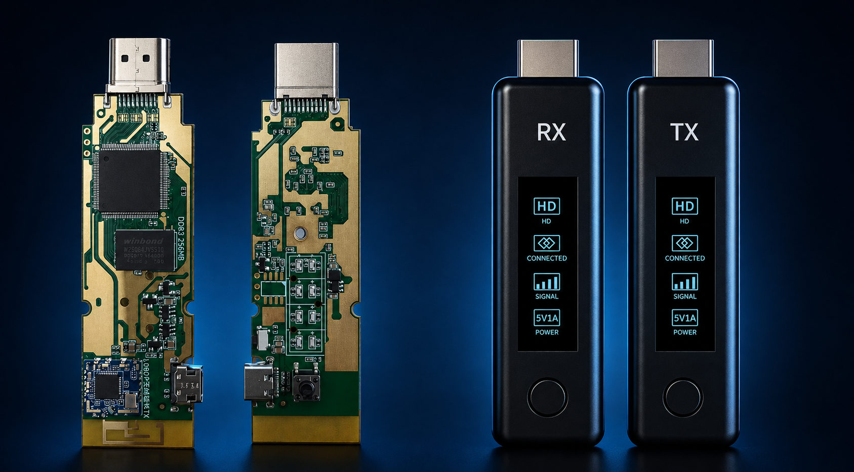 HD 接口 RX / TX 灯效显示款:PCB 与成品对照