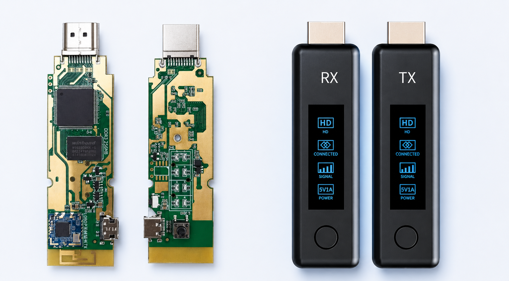 HD 接口 RX / TX 灯效显示款:PCB 与成品对照