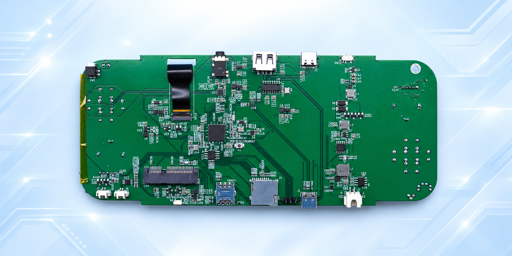 D125 handheld game console board back showing chips, connectors, card slots and routing