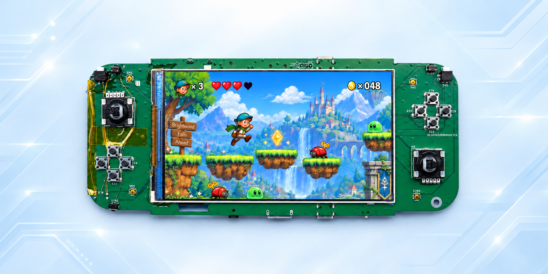 D125 handheld game console board front with a display, joysticks and physical buttons on both sides