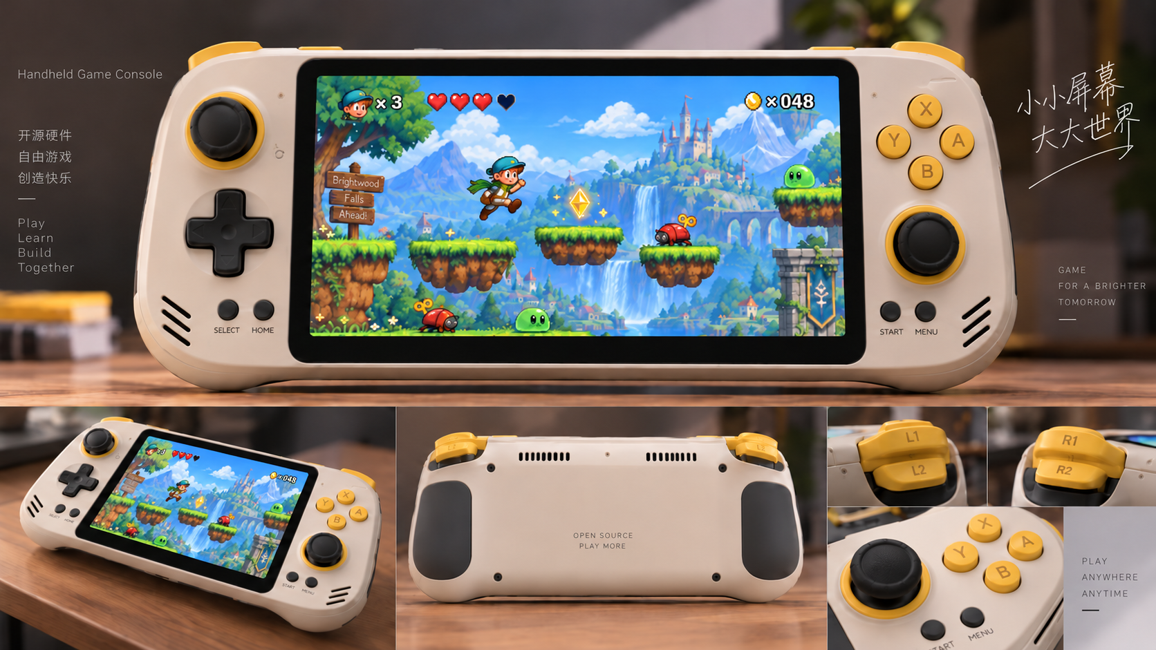 ArtInChip D125 handheld console concept showing a landscape display, dual joysticks, directional controls, action buttons and shoulder buttons