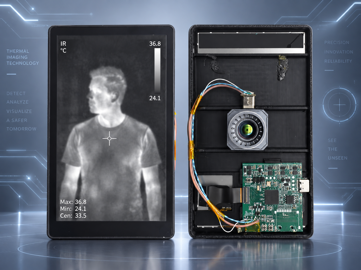 ArtInChip D125 handheld thermal imaging prototype, with the thermal image display on the left and the module and controller board on the right
