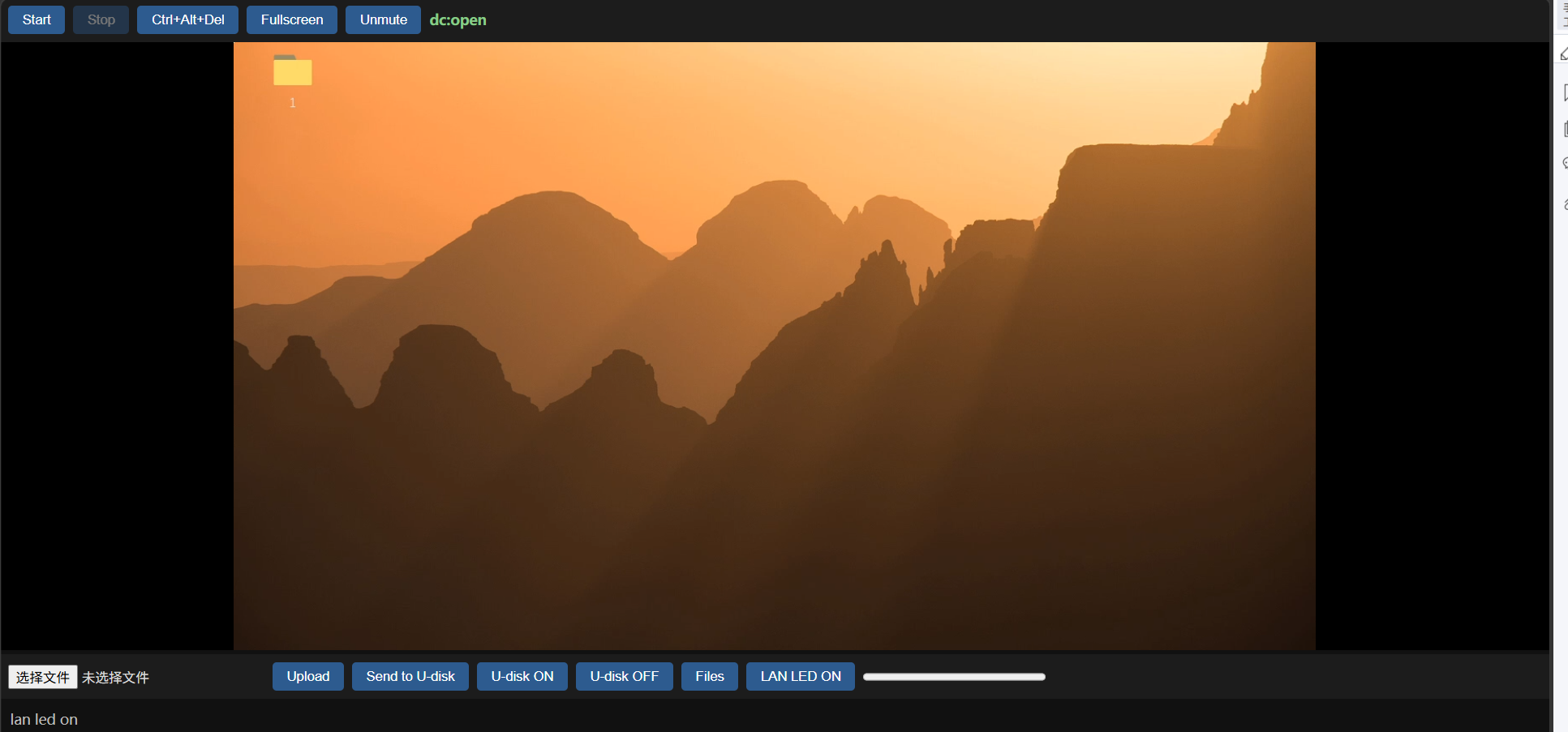 IP KVM browser interface with remote video, Start/Stop, Ctrl+Alt+Del, fullscreen, audio, and file-upload controls
