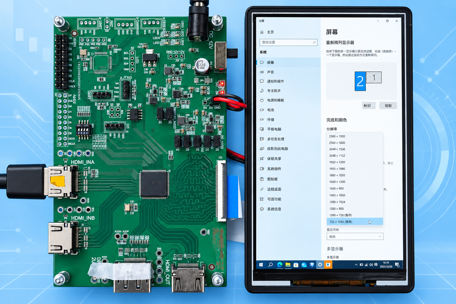 LK9300 demonstration board connected to a portrait panel by a ribbon cable, showing Windows display settings with the 720×1280 resolution option